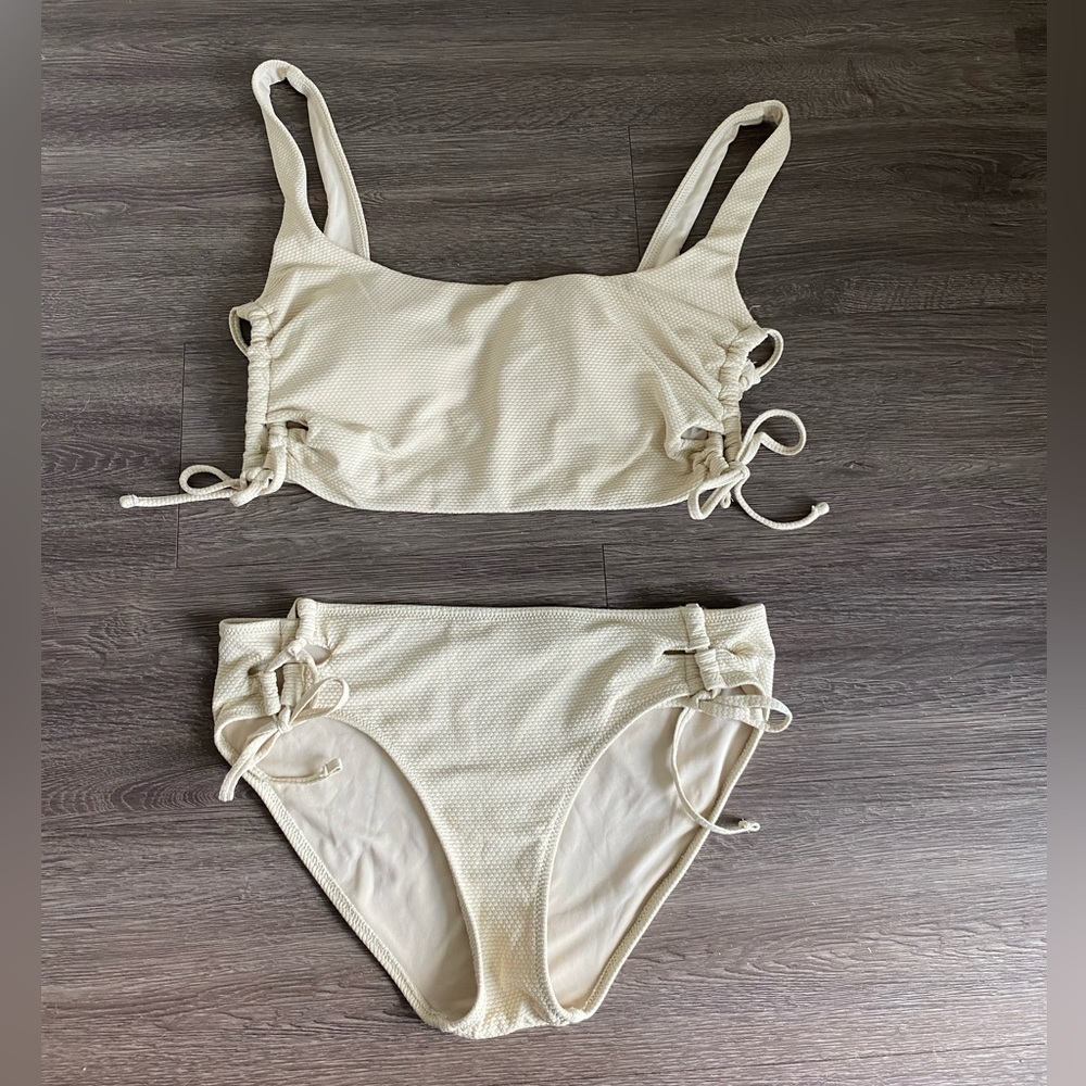 Aerie Cream and Tan Bikini Set Sporty Crop Top